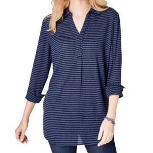 J. Jill Blue Gingham Plaid Cotton Popover Tunic Top Long Sleeve Small Petite